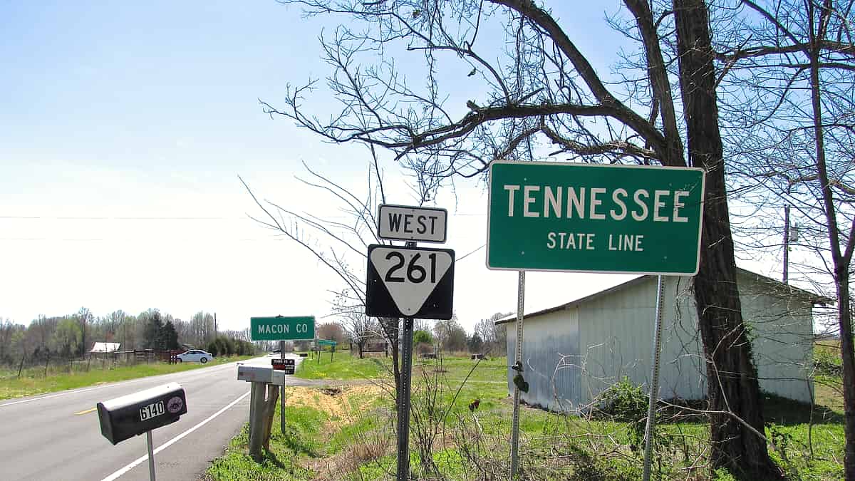 A state highway marker at a roadside boundary, grass on both shoulders, a low sky and an empty stretch of asphalt