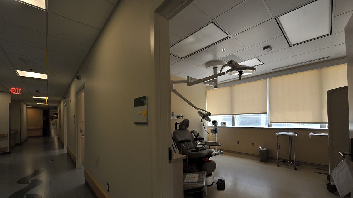 A hospital corridor with a handrail along a pale wall, a wheeled cart parked to one side and daylight from the far end